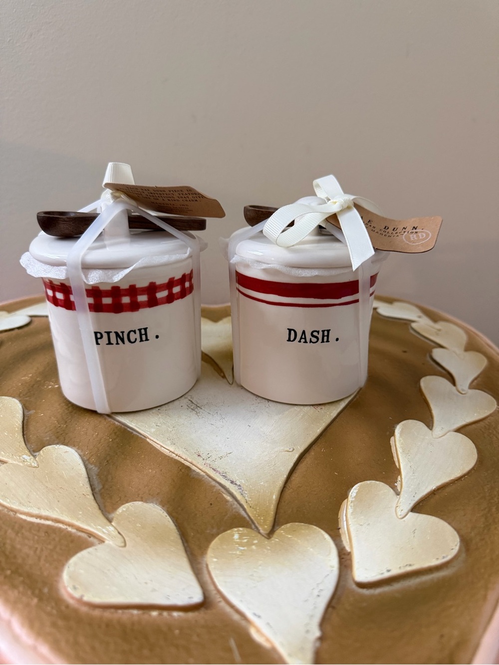 Set of 2 Rae Dunn Ceramic Lidded Pinch & Dash Canisters with Wooden Scoops